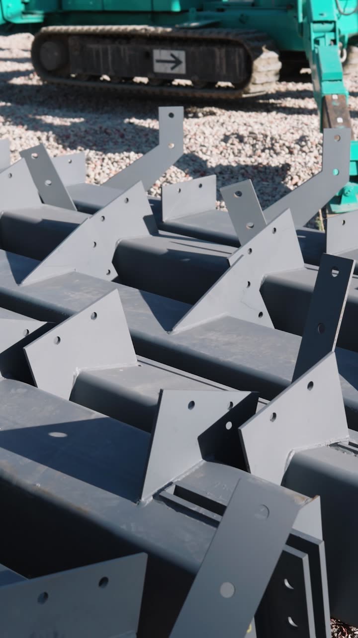 Fabricated and painted steel members stacked in the yard